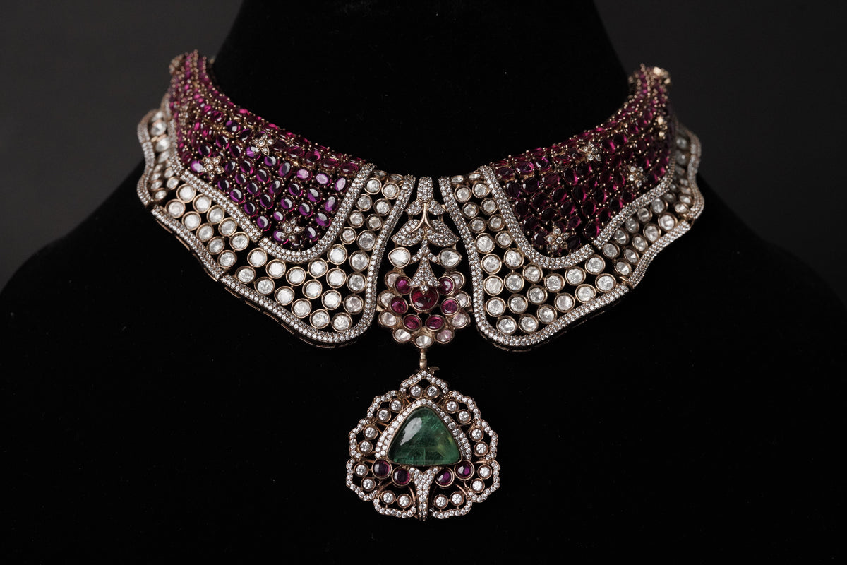 Collar Shaped Ruby Moissanite Choker Necklace Set