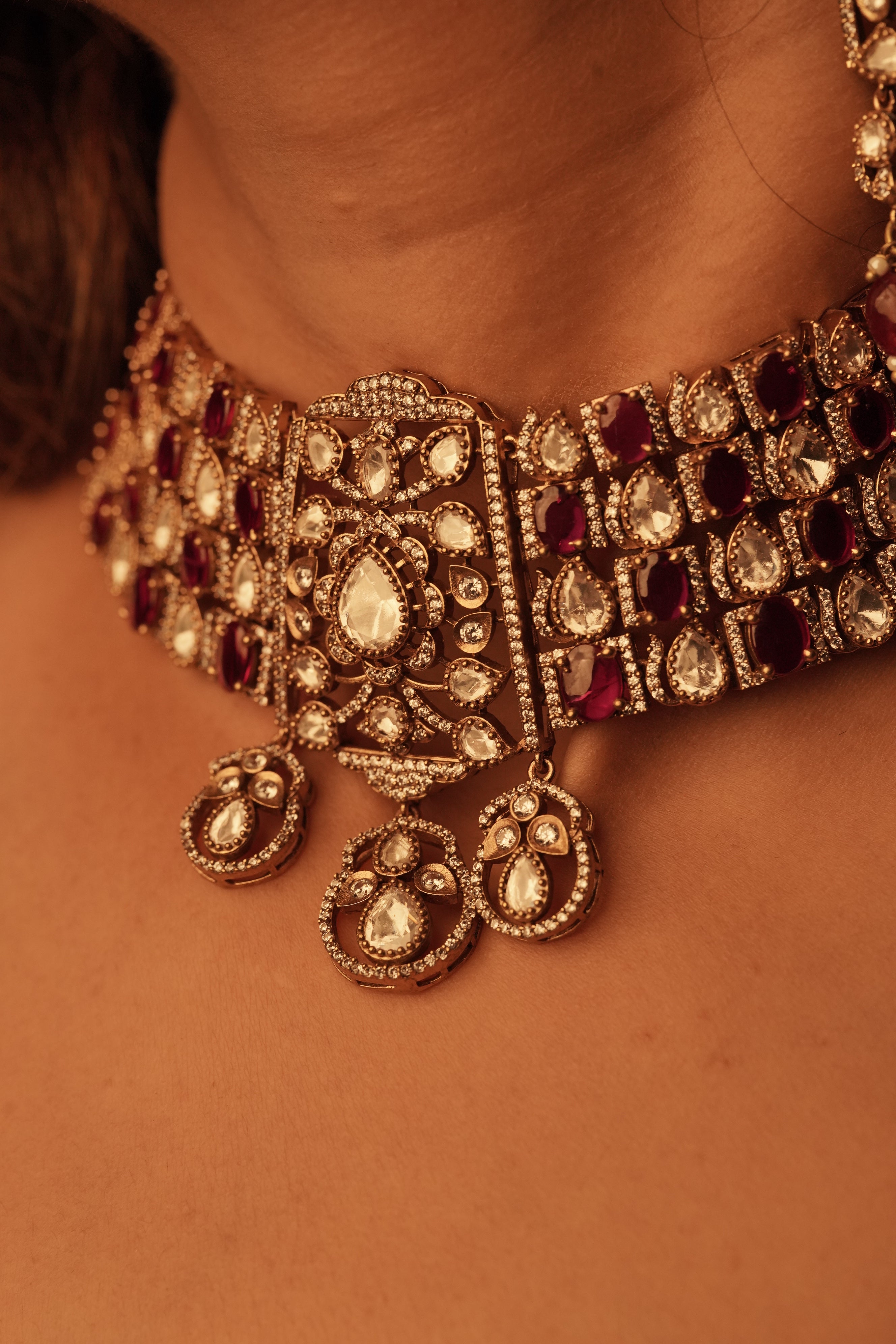 Diva ruby choker moissanite necklace set with earrings
