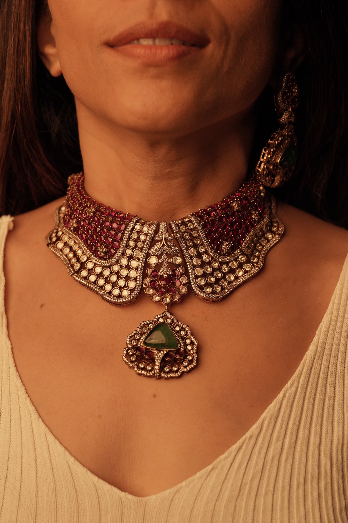 Collar Shaped Ruby Moissanite Choker Necklace Set