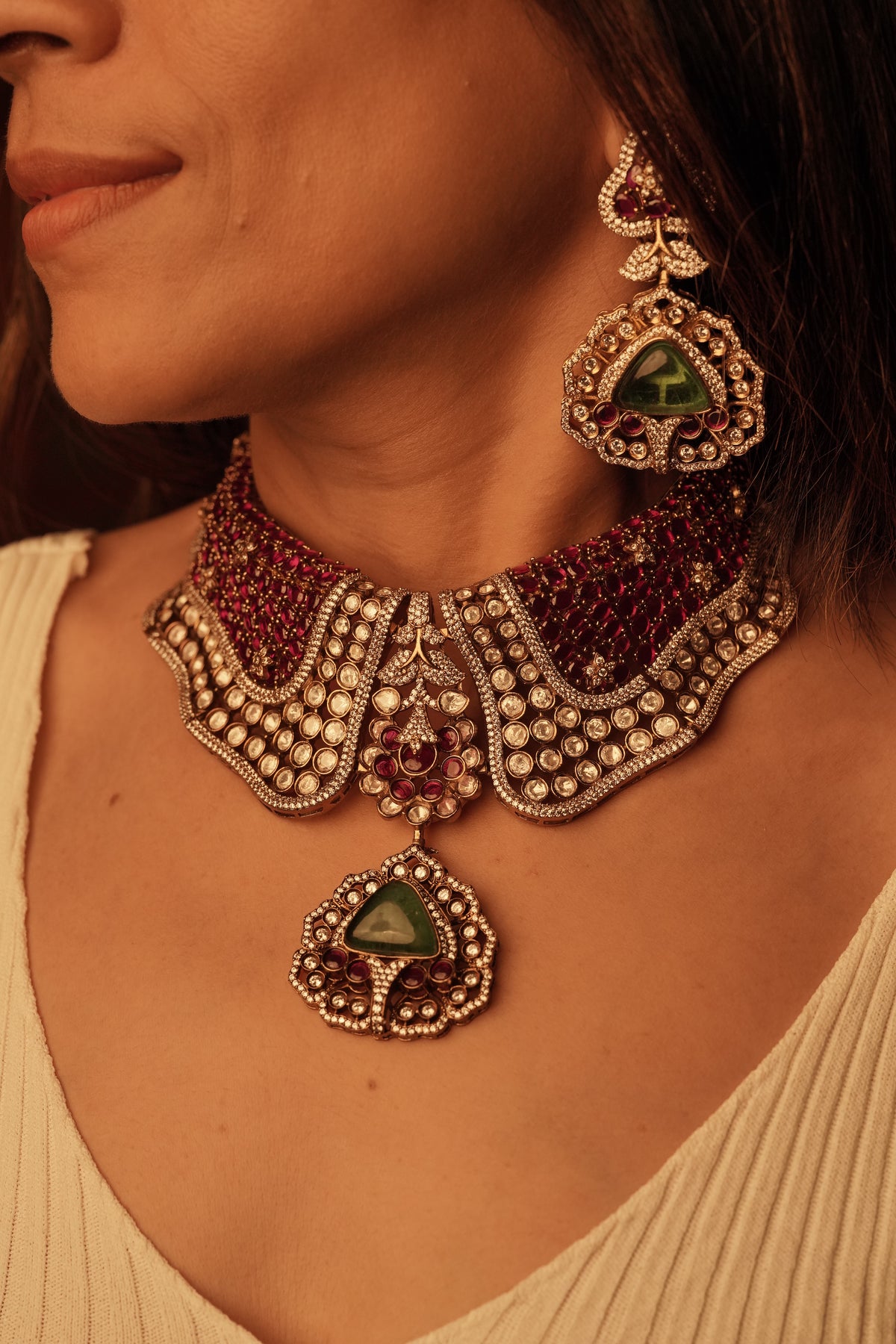 Collar Shaped Ruby Moissanite Choker Necklace Set