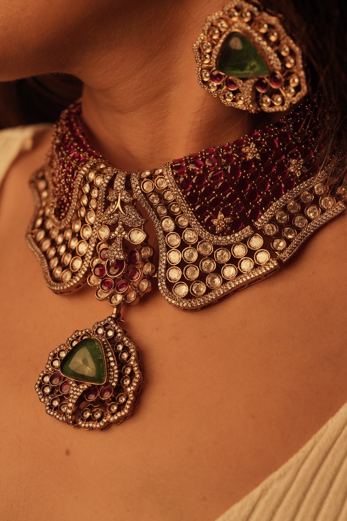 Collar Shaped Ruby Moissanite Choker Necklace Set