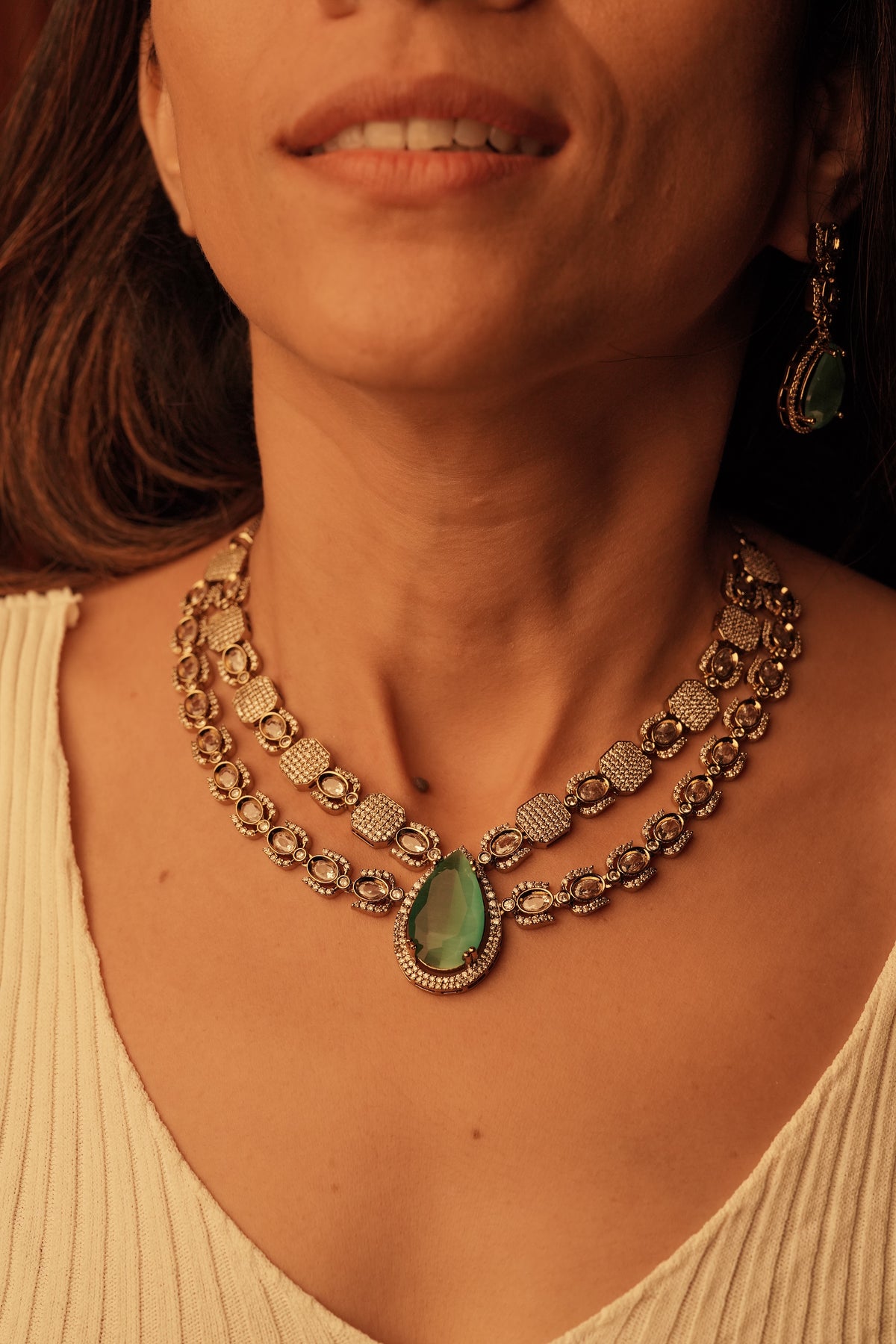 Emerald Green Double Layered Necklace Set