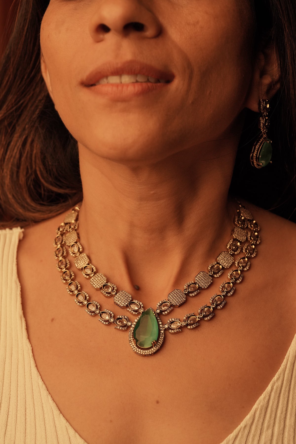 Emerald Green Double Layered Necklace Set