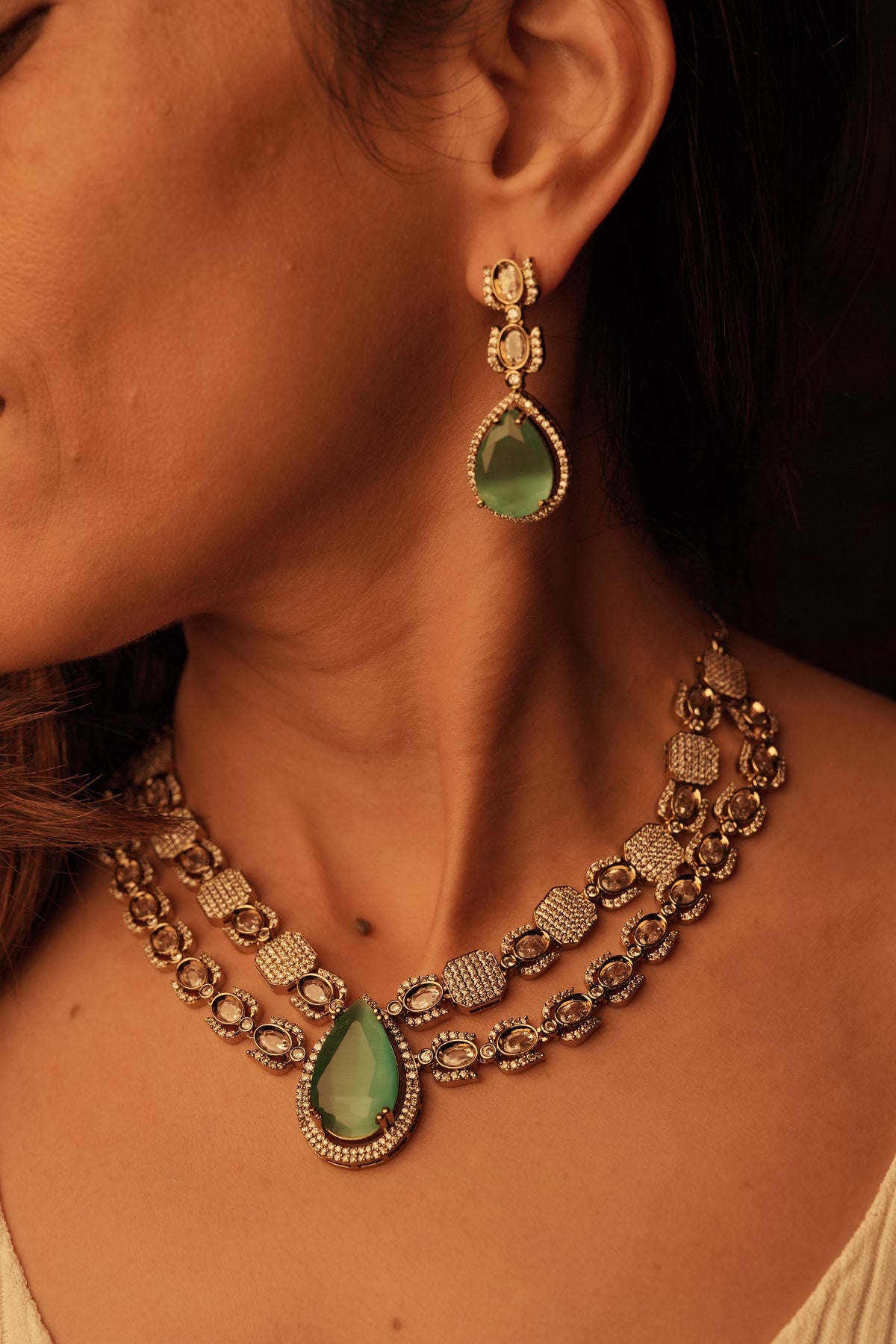 Emerald Green Double Layered Necklace Set