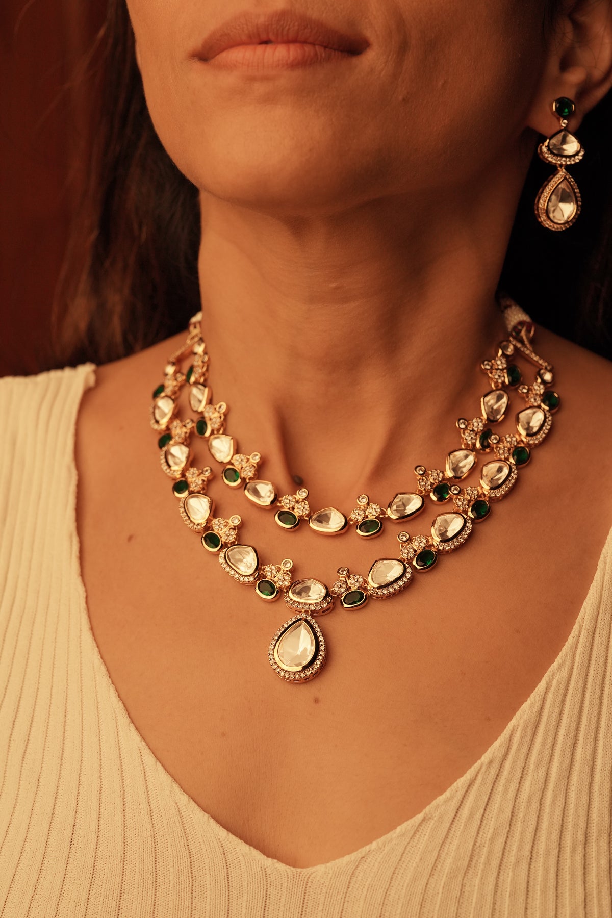 Double Layered Moissanite Necklace with a Drop